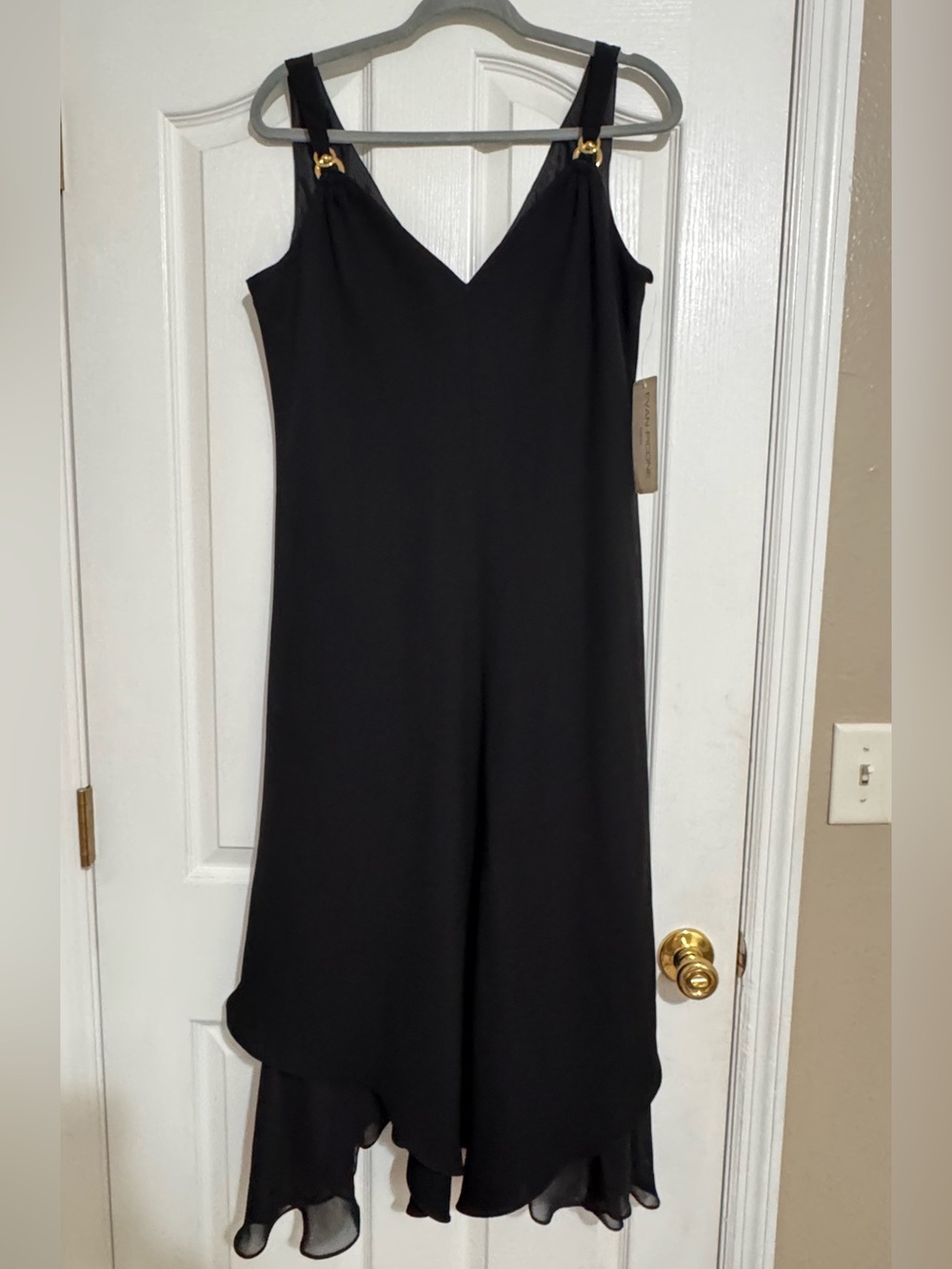 Evan Picone Black High-Low V-Neck Dress with Gold Buckle Straps
